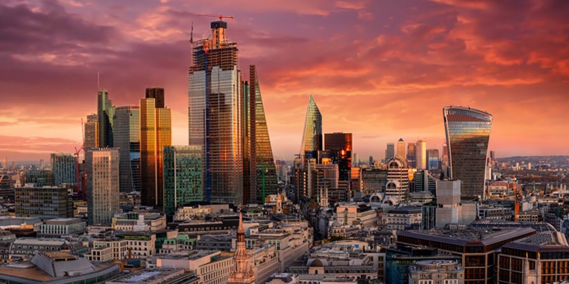 fiery sunset over urban skyline financial